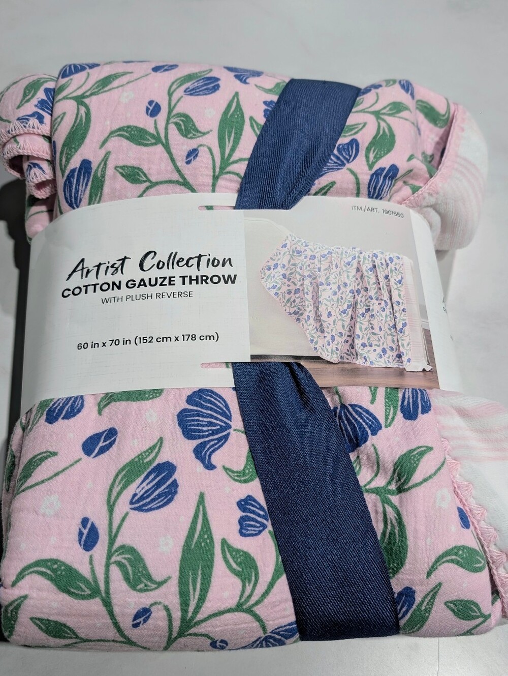 Pink Floral Cotton Gauze Throw with Plush Reverse